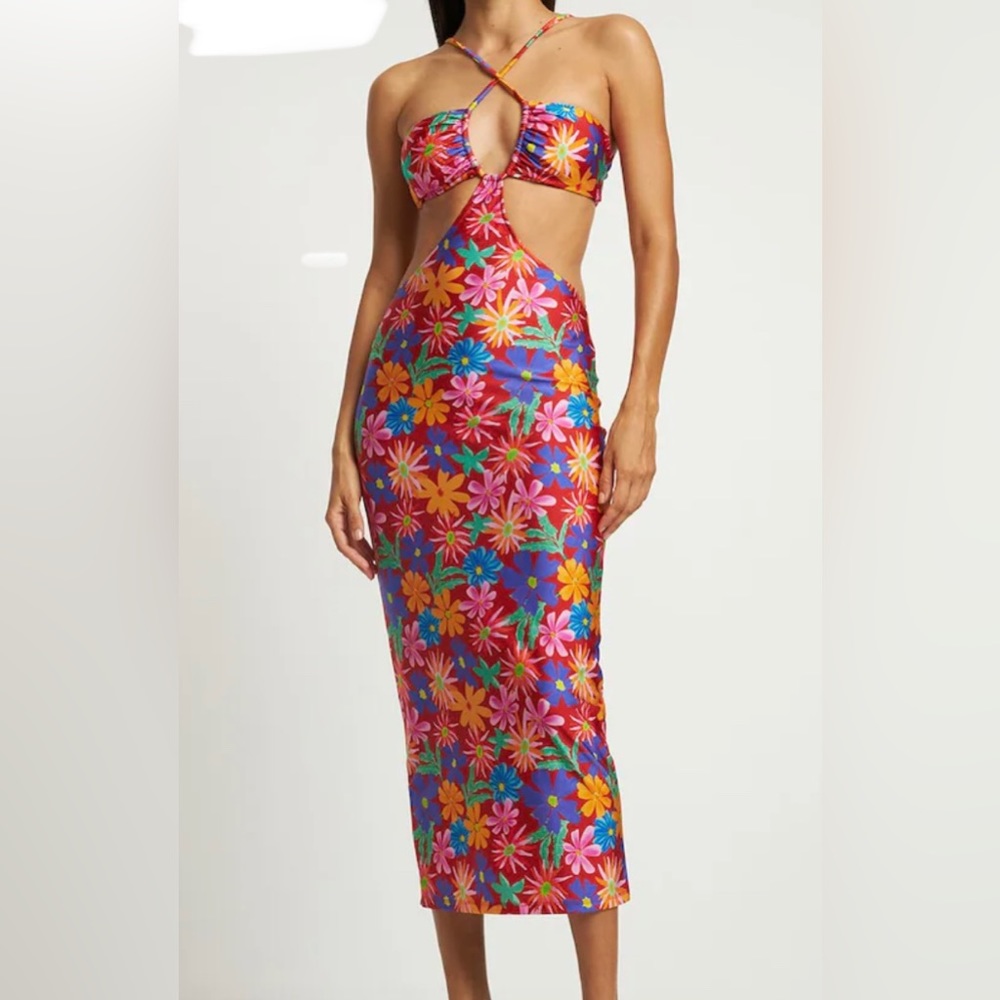 Patbo Never worn midi dress. red aster floral print. size small. lycra